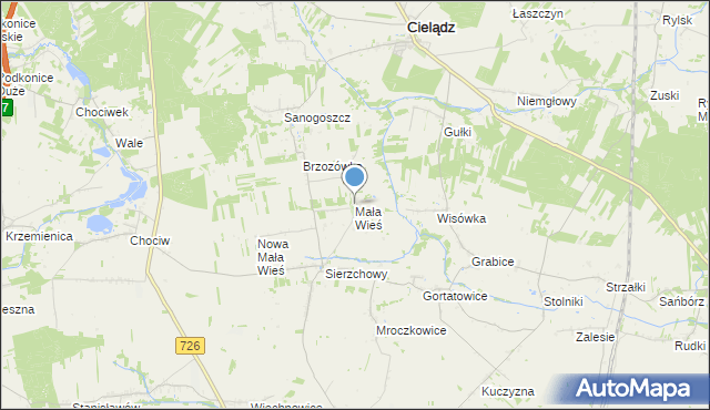 mapa Mała Wieś, Mała Wieś gmina Cielądz na mapie Targeo